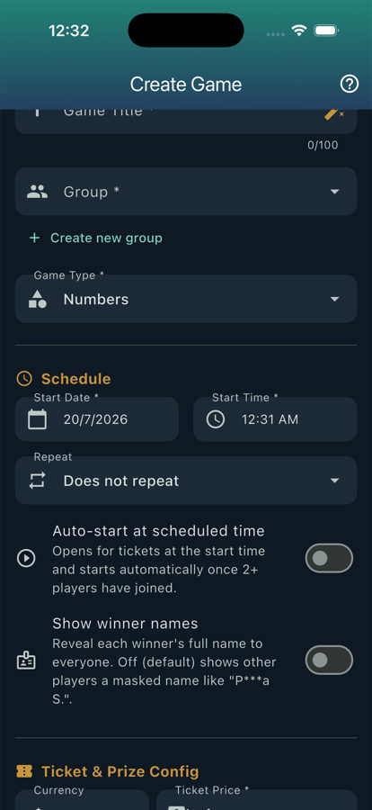 Create game — group picker, game type, schedule, and auto-start options