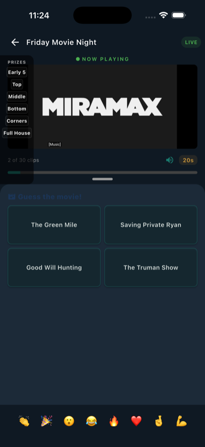 Guess mode — a movie clip plays with its name hidden and four multiple-choice titles to tap before it's revealed