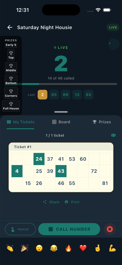 RRingo live game on iPhone — the number just called, and your ticket with the called numbers already marked