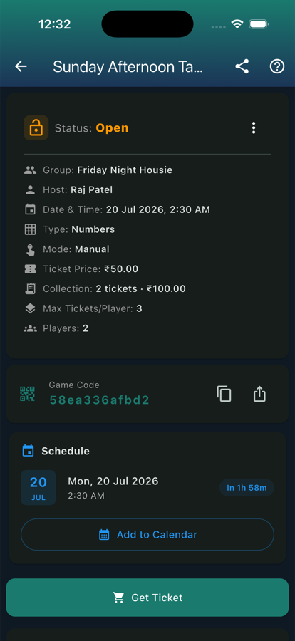 Game detail — status, host, schedule, ticket price, the shareable game code, and a Get Ticket button