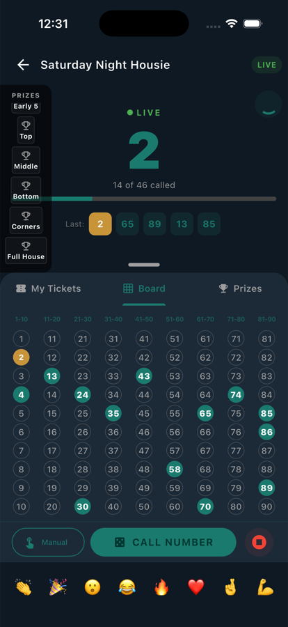 Live game board — the full 1 to 90 grid with every called number highlighted