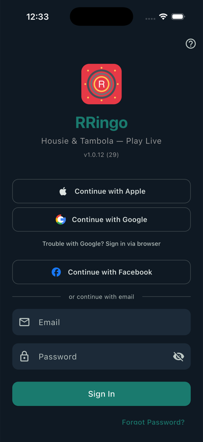 RRingo sign-in screen on iPhone — branded dark theme with email and password fields